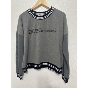 BCBGeneration Womens XL Gray Mesh Sleeve Logo Sweatshirt Striped Trim Pullover